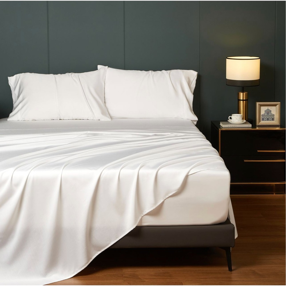 White Tencel Sheet Set with Pillowcase King Modern Quiet Luxury‎ Minimalist Chic